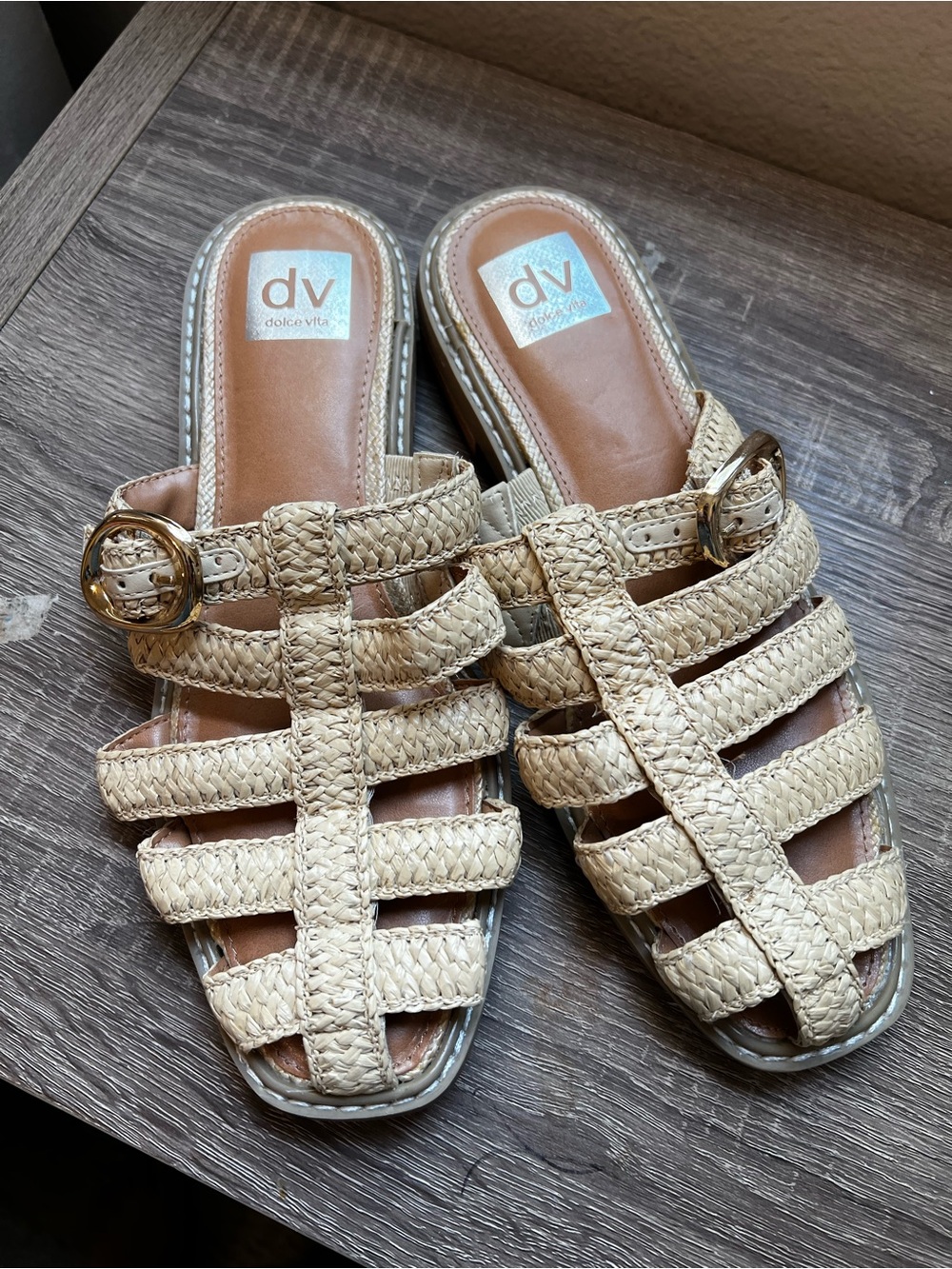 DV by Dolce Vita Woven Cream Slide Sandals with Gold Buckle